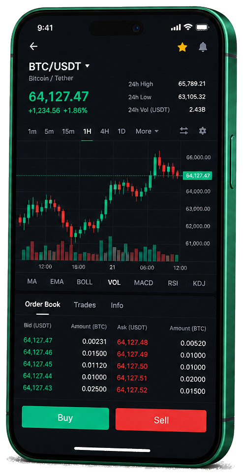 Piattaforma OxlyrAI su dispositivi mobili — grafico BTC/USDT live, book ordini e pannello acquisti/vendite